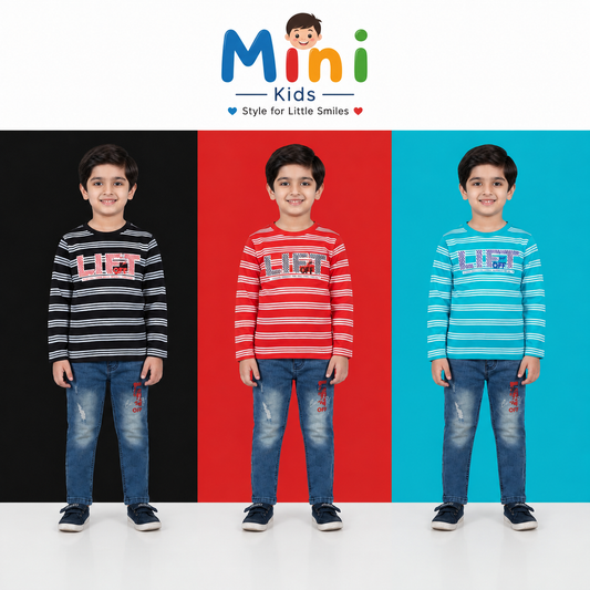 Boys Striped Full Sleeve T-Shirts with Denim Set