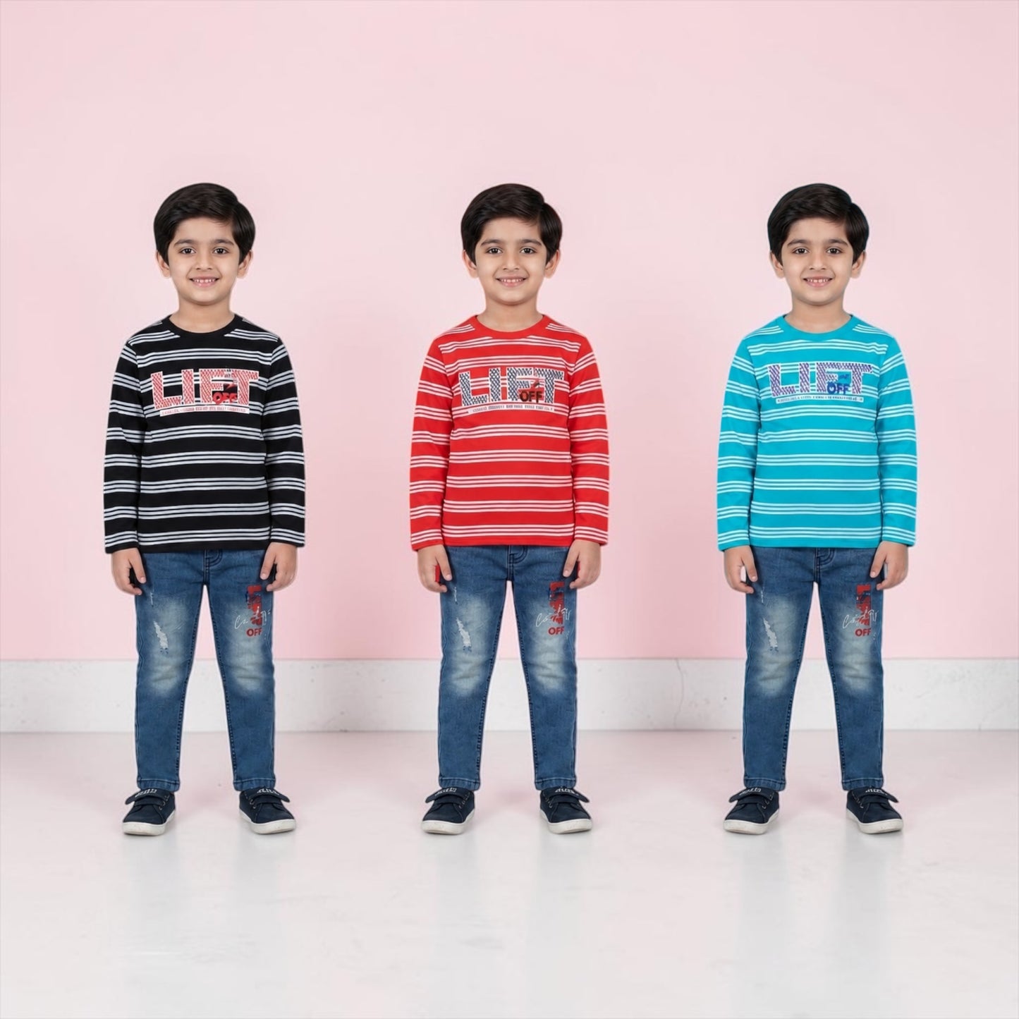 Boys Striped Full Sleeve T-Shirts with Denim Set