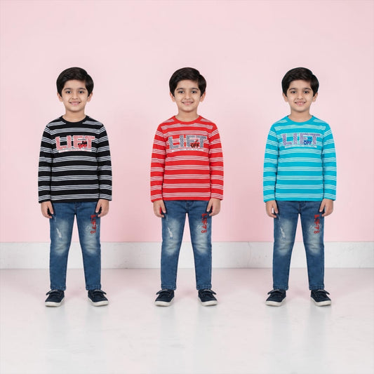 Boys Striped Full Sleeve T-Shirts with Denim Set