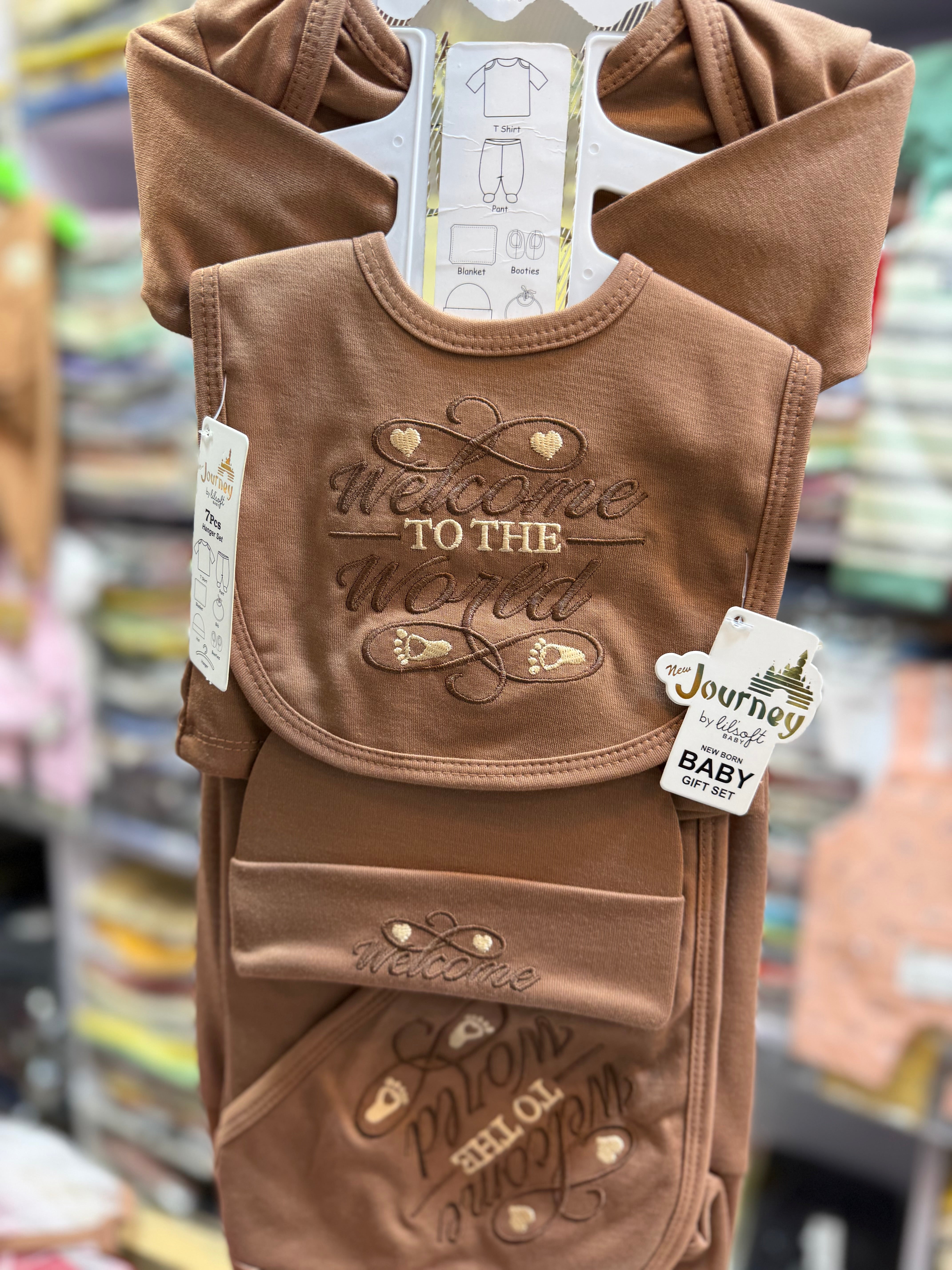 7 Piece Newborn Baby Starter Set – Soft Cotton Round Neck Shirt, Pajama, Bib, Blanket, Cap & Booties